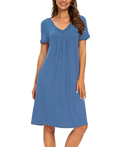 Mintlimit Women's Nightshirt Short Sleeve Nightgown V-Neck Sleepwear Knee Length Pajama Dress With Pockets Loungewear (Blue #2,Size,L) #TOP1