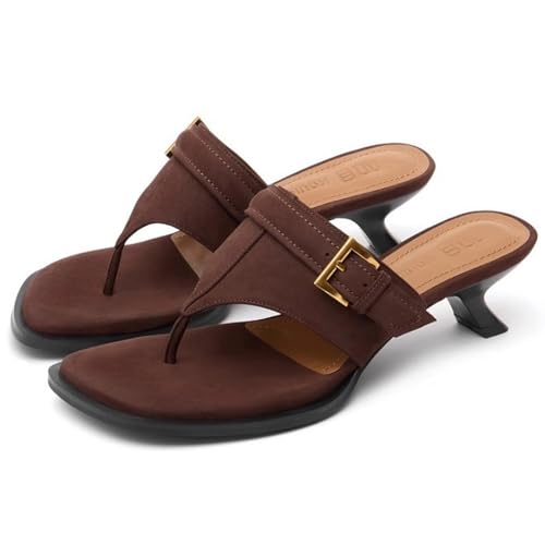 Women'S Leather Kitten Heel Flip Flops With Metal Buckle Casual Slip-On Comfortable Soft Wide Sole Thong Low Heels Square Open Toe Slides Sandals For Summer Fashion Travel Vacation Party Beach Date