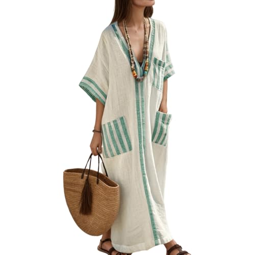 Akivide Women's Striped Cotton Linen Maxi Dress Summer Oversized Half Sleeve V Neck Flowy Hem Dress with 2 Big Side Pockets