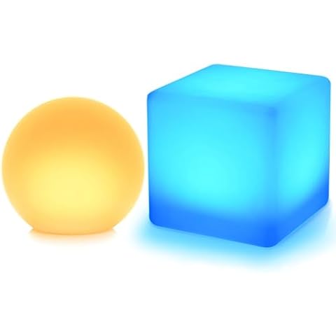 Mr.Go 14-inch LED Ball Light and 16-inch LED Cube Light Bundle, Rechargeable, Remote Control, Dimmable 16 RGB Colors 4 Modes, Waterproof, Great as Night Light Mood Lamp Ambient Lighting Decorations Cover