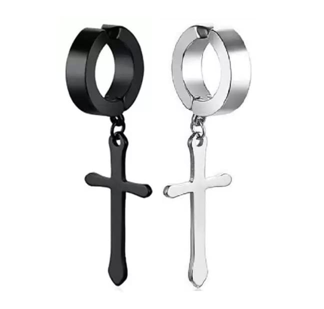 Mens Combo Stainless Steel Religious Cross Clip on Stud Earrings For Mens And Boys (Pack Of 2 Pieces)