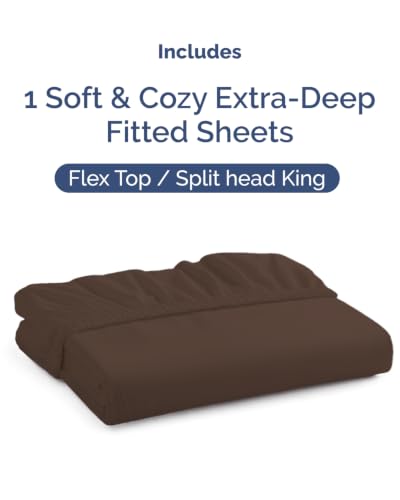 Image of Extra Deep Flex Top Split Head King Fitted Sheet - Hotel Luxury Single Fitted Sheet Only - Easily Fits 18 inch to 24 inch Mattress - Ultra Soft, Wrinkle Free w /Extra Deep Pockets - Brown