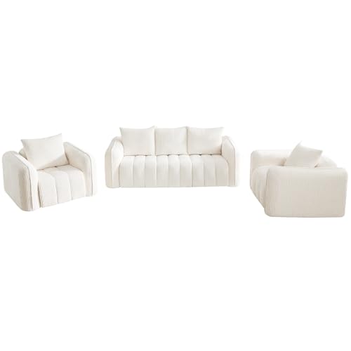 Corduroy Boneless Living Room Sets, Modern Upholstered 3 Seater Sofa with 2 Signle Accent Chairs, Comfy Deep Seat Cloud Sofa Couch Sets for Living Room, White