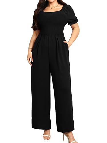 RWJ Plus Size Womens 2026 Summer One Piece Jumpsuits Dressy Casual Short Sleeve Smocked Square Neck Wide Leg Rompers Travel Outfit Clothes With Pockets Black 1XL