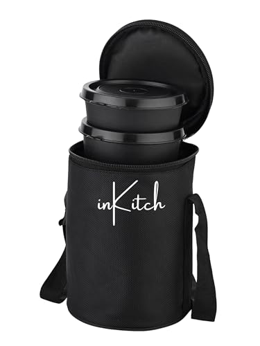 Image of Microwave Safe Lunch Box Set with Bag, 3 Containers (250 /400 /500 ml), Black | Outer Plastic & Inner Stainless Steel Tiffin Box | Leakproof Lunch Boxes