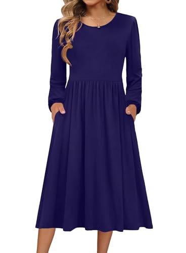 Zeagoo Damen Kleid Langarm Strickkleid Rundhals Herbst Kleider A-Linie MidiKleid Tunika Herbstkleid Freizeitkleid mit Taschen Marineblau L