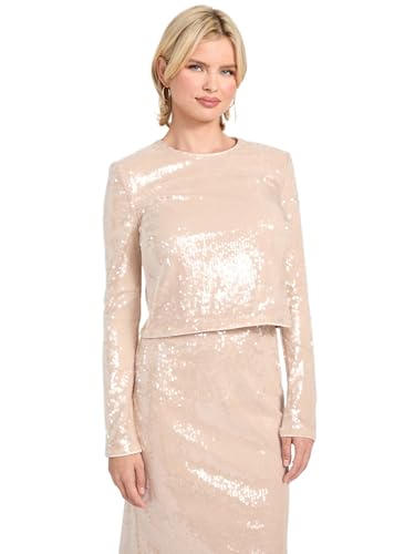 GUESS Womens Long Sleeve Lavinia Sequins Top, Skinny Latte, Small