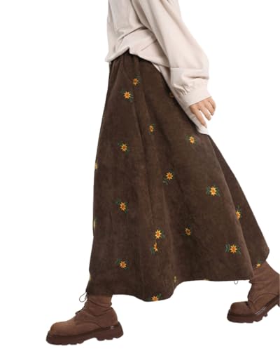 utcoco Womens Corduroy Floral Embroidery Long Skirts Stretchy High Waist A Line Swing Midi Skirt with Pockets