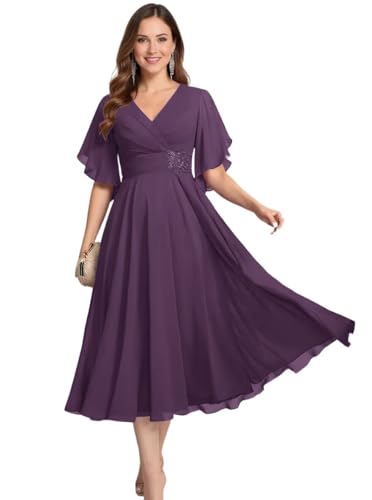 DREAMIND Grape Chiffon Mother of The Bride Dresses Plus Size 2025 Ruffled V Neck Tea Length Mother of The Groom Dress US20w