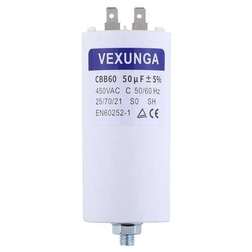 VEXUNGA CBB60 Condensador de Arranque para Motor 50uF 450V Condensadores Motores Electricos Monofasicos 50µF 450 VAC 50x106MM 50/60Hz Conector M8