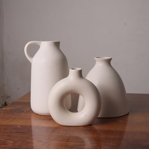 Image of Modern Ceramic Flower Vase Set of 3 | Nordic Donut & Jug Design Decorative Vases | Matte White Home Decor for Living Room, Table, Shelf, Office | Pampas & Dried Flower Vase
