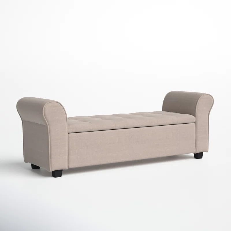 Image of 2 Seater Storage Ottoman Bench with Rolled Arms | Upholstered Fabric Sofa Bench with Hidden Storage | Bedroom Living Room Entryway Seating | Tufted End of Bed Bench Footrest Lounge Seat | Beige