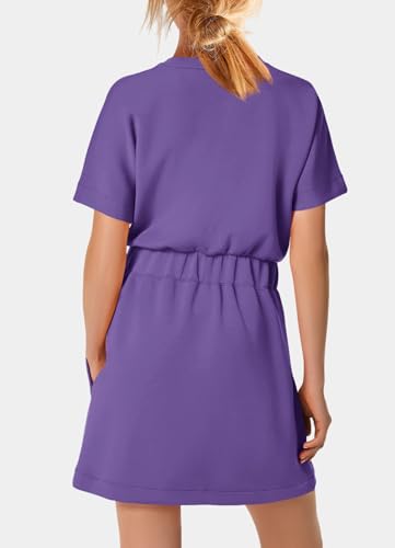Image of SENSERISE Womens Short Sleeve T Shirt Dresses Crew Neck Solid Color Basic Smocked Waist Dress with Pockets