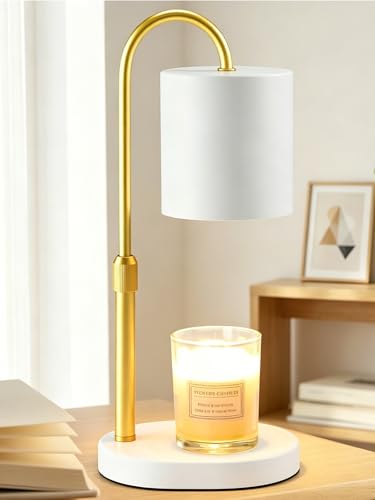 Dreamholder Electric Candle Warmer Lamp with Timer & Dimmer Adjustable Height Wax Melt Warmer for Jar Candles Wood Base Candle Melter Floral Home Decor Gifts for Women Mom White Gold