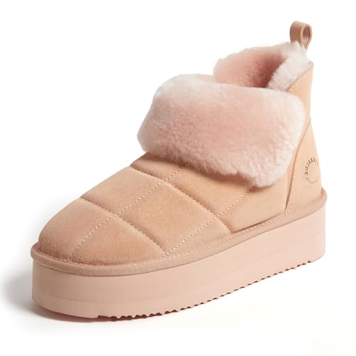 Dearfoams Women's Bootie Bayswater Comfy Indoor Outdoor Shearling Platform Slipper Ankle Boot
