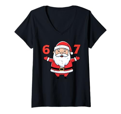Damen Christmas Santa 67 Funny Xmas 6 7 Meme für Jungen, Mädchen, Kinder und Jugendliche T-Shirt mit V-Ausschnitt