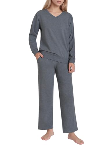 Latuza Women's Petite Cotton Lounge Set Long Sleeve Loungewear Outfits M Dark Gray