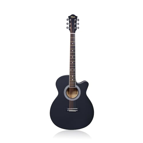 Image of Henrix Basswood PRO 40C 40-Inch Cutaway Acoustic Guitar With Dual Action Truss Rod, Gigbag, Picks, String Set, Strap, Cloth & Ebook - Black