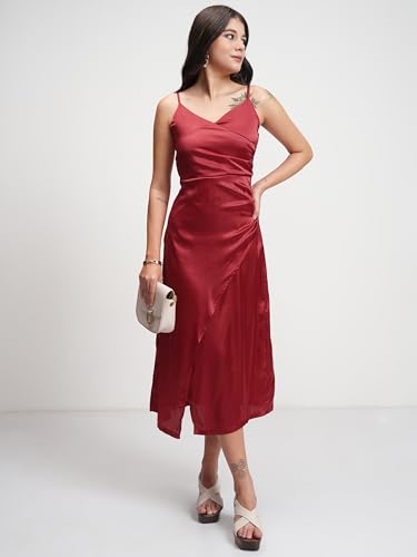 Image of Tokyo Talkies Womens Satin Overlapping Midi Dress | Strappy Silhouette & Luxe Finish | Elegant & Chic for Any Occasion | Dress for Women | Women Dress | Stylish Women Dress