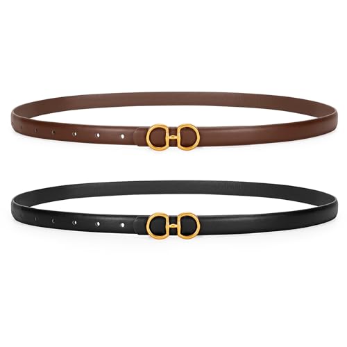 CESCOSI Women Skinny Leather Belts Ladies 2 Pack Thin Waist Belts with Gold Buckle for Dresses 0.7