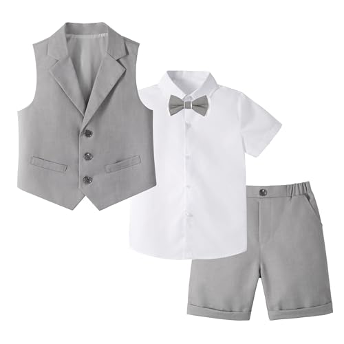 LOLANTA 4-teiliger Kinder Freizeit Anzug Set, Jungen Sommer Festlich Hochzeitsanzug, Kurzarm Hemd, Fliege, Weste, Kurze Hose, Grau, 6-7 Jahre, 140
