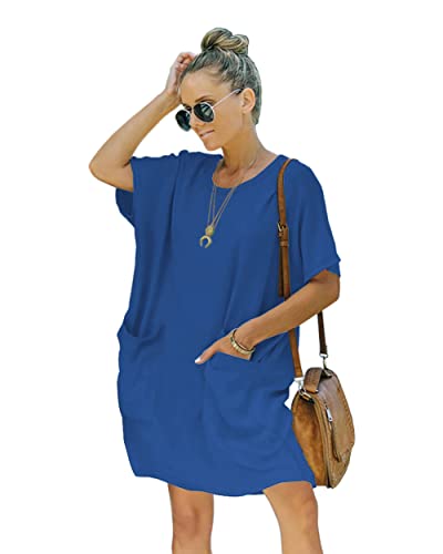 Image of Women's Casual Summer T Shirt Dress Elastic Loose Short Sleeve Dress with Pocket for Women