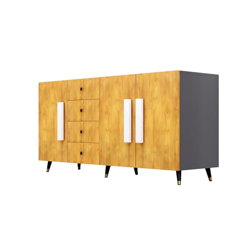 Image of Bniture Storage Cabinet Wooden for Living Room Sideboard with 4 Drawer and 3 Door | Storage Organizer Chest of Drawer Cabinet for Home Hallway Drawing Room Bedroom Kitchen | Slate Grey & Giant Wood