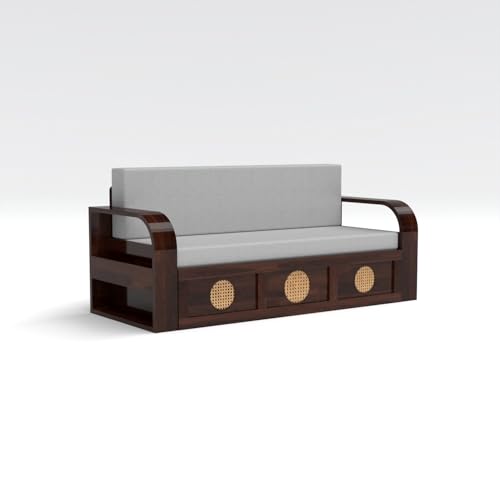Image of Kunjal Furniture Solid Sheesham Wood Sofa Cum Bed with Storage for Living Room | Natural Finish | 3-Seater Convertible Sofa Bed | Handmade Wooden Furniture (Walnut, Round Cane)