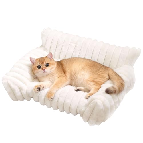 Yumzxin Cute Cat Couch Bed, 19.5in Fluffy Pet Sofa with Removable Washable Cover, Supportive Small Dog Bed for Puppy & Kitten up to 15 lbs, White