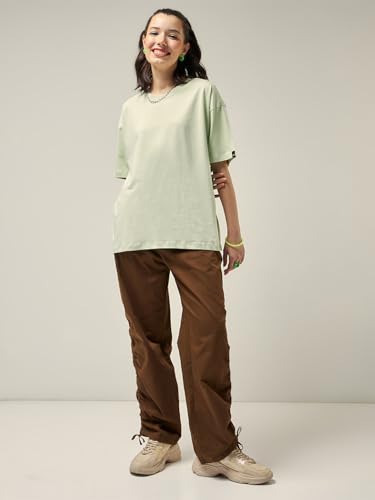 Image of Bewakoof Women's Solid Oversized Fit Half Sleeve Round Neck Cotton Jersey T-Shirt