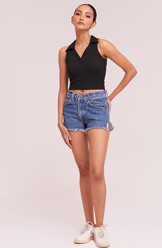 Image of BERRY BIRD Stylish Sleeveless V-Neck Slim Fit Collar Ribbed Knit Tank Crop Tops for Women & Girls Beach and Gym Wear and Western Trendy Fashion