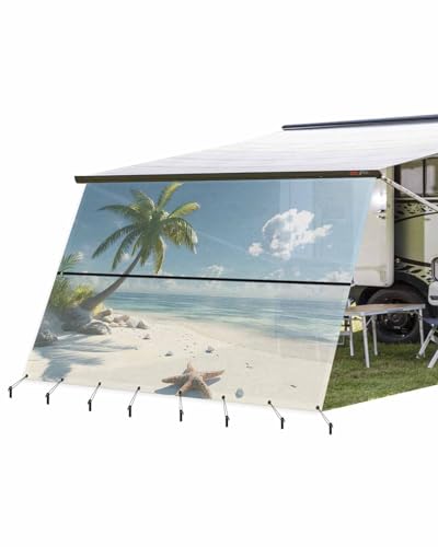 RV Awning Sun Shade Screen with Zipper 9'x13.5' Summer Beach Ocean Palm Tree Sky Starfish Shell Scenery Mesh Sunshade UV Blocker Awning Shade Complete Kits for Motorhome Camper Travel Trailer Canopy