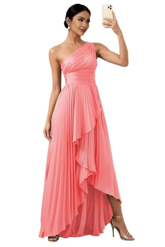 Uknztcl Women's Satin Pleated Bridesmaid Dresses with Slit for Wedding Guest One Shoulder High Low Long Pleates Coral Formal Prom Evening Dress US4