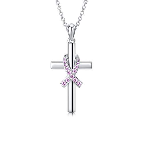 PROESS Collier de Sensibilisation au Cancer du Sein en Argent Sterling 925 Collier Pendentif Croix Collier Ruban Rose Collier Survivant du Cancer du Sein Cadeaux pour Femmes Cover