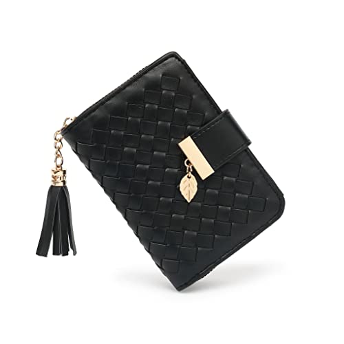 Geldbörse Damen Klein aus Glattem und Weichem Kunstleder, RFID Geldbeutel Damen mit Stilvollem Web-Finish, Bifold Portemonnaie Damen Klein mit Großem Fassungsvermögen und Vielen Fächern(Schwarz) Cover