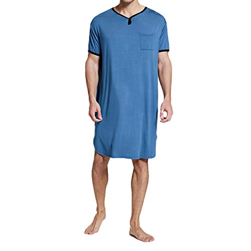 Camisa masculina longa para dormir, solta, lisa, bolsos no peito, pulôver respirável, Azul, XG