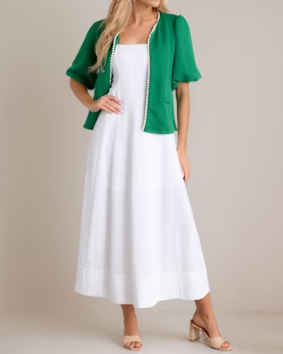 Image of Kedera Puff Short Sleeve Tweed Jacket Women Cropped Jackets Summer Open Front Elegant Trimmed Cardigans with Pearls