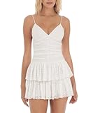 YOXUA Women's Deep V-Neck Spaghetti Strap Casual Tiered Mini Dresses Summer Layer Ruffle Hem Short Dress White