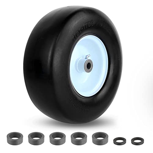 Upgrade 13x5.00-6\" Flat Free Lawn Mower Smooth Tire, Commercial Grade Lawn and Garden Mower Turf Replacement Solid Tire and Wheel with Steel Rim, 3/4\" Grease Bushing and 3.25\"-5.9\" Centered Hub