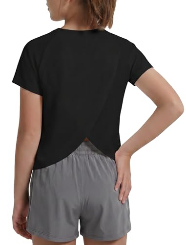 Image of EXARUS Girls Athletic Shirts Quick Dry Workout Split Back Crop Tops 6-14Y