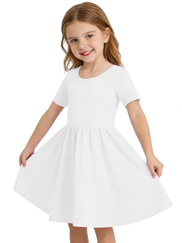 Haloumoning Toddler Baby Girl Short Sleeve Dress Kids Summer A-Line Twirly Skater T-Shirt Dresses with Pockets 8M-9Y White