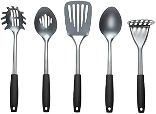 Russell Hobbs RH01722EU7 Pearlised 5 Piece Kitchen Utensil Set, Cooking Tools Including Slotted Spoon, Solid Spoon, Slotted Spatula, Spaghetti Spoon and Masher, Soft-Touch Handles & Hanging Hooks