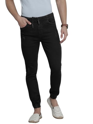 Image of The Indian Garage Co Men Slim Fit Solid Mid-Rise Stretchable Denim Joggers