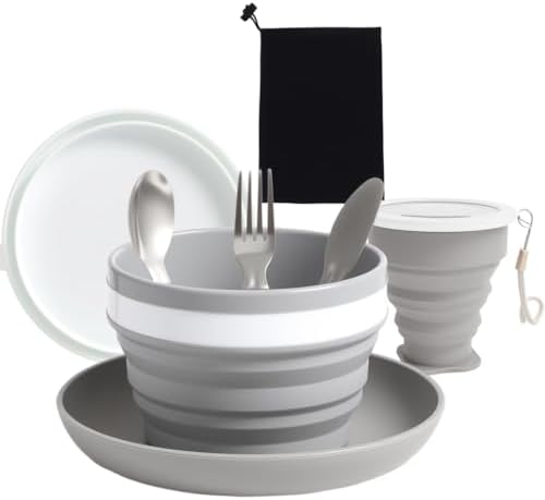 Yamobi 6-teiliges Camping Geschirr Set Faltbar - Edelstahl Besteck Mit Becher & Schüssel