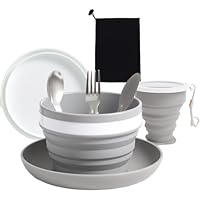 6-teiliges Camping Geschirrset faltbar mit Edelstahl-Besteck (Messer, Löffel, Gabel), Becher, Schüssel, Teller & Netzbeutel – perfekt für Reisen, Camping, Picknick & Outdoor-Aktivitäten