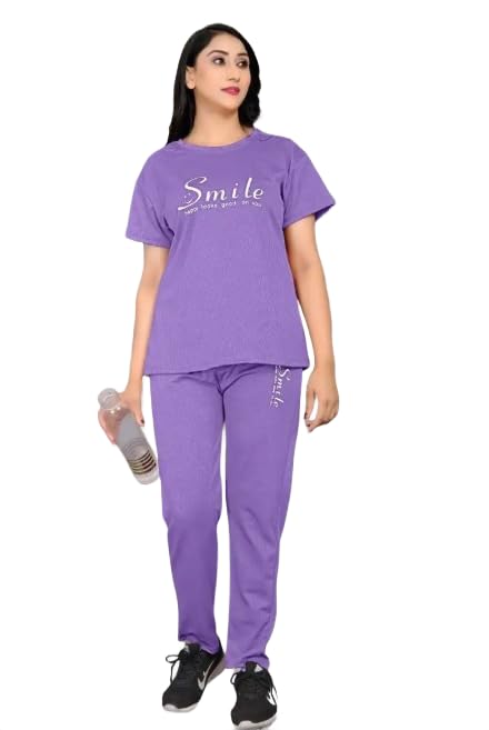 Heavy Lycra Night Wear Set for Women, Top and Pant with Smile Print, Maroon, Olive Green, Purple, Grey, M L XL XXL (Purple, XXL)