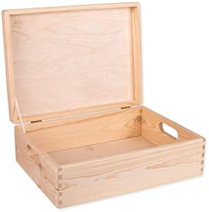 Unfinished Wood Box With Lid And Handles For Storage, Decoration, Organisation, Large Natural Wooden Craftsmanship, Rustic Home Decor, 40 x 30 x 14 cm.