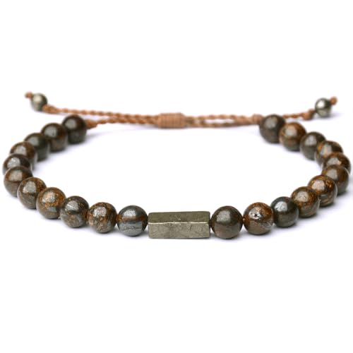 Handmade Natural Gemstone Beaded Healing Bracelet for Men, Adjustable Waterproof Bracelet with 6MM Bronzite Beaded & Pyrite Lucky Brick, Birthday Gifts for Boyfriend Husband Him (Bronzite)