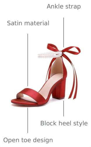 Image of Women's Open Toe Pearl Wedding Shoes for Bride High Heels Sandals Satin Bridal Block Chunky Heels Ankle Strap Prom Evening Party Pumps