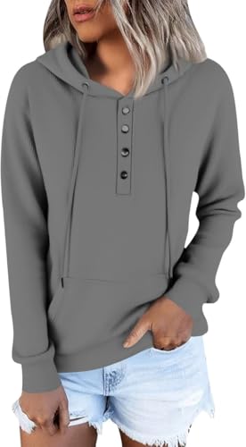 Kenhansion Womens Casual Button Down Hoodies Drawstring Long Sleeve Pullover Hooded Fall Fashion Sweatshirt Outfits Clothes (Grey,Large)